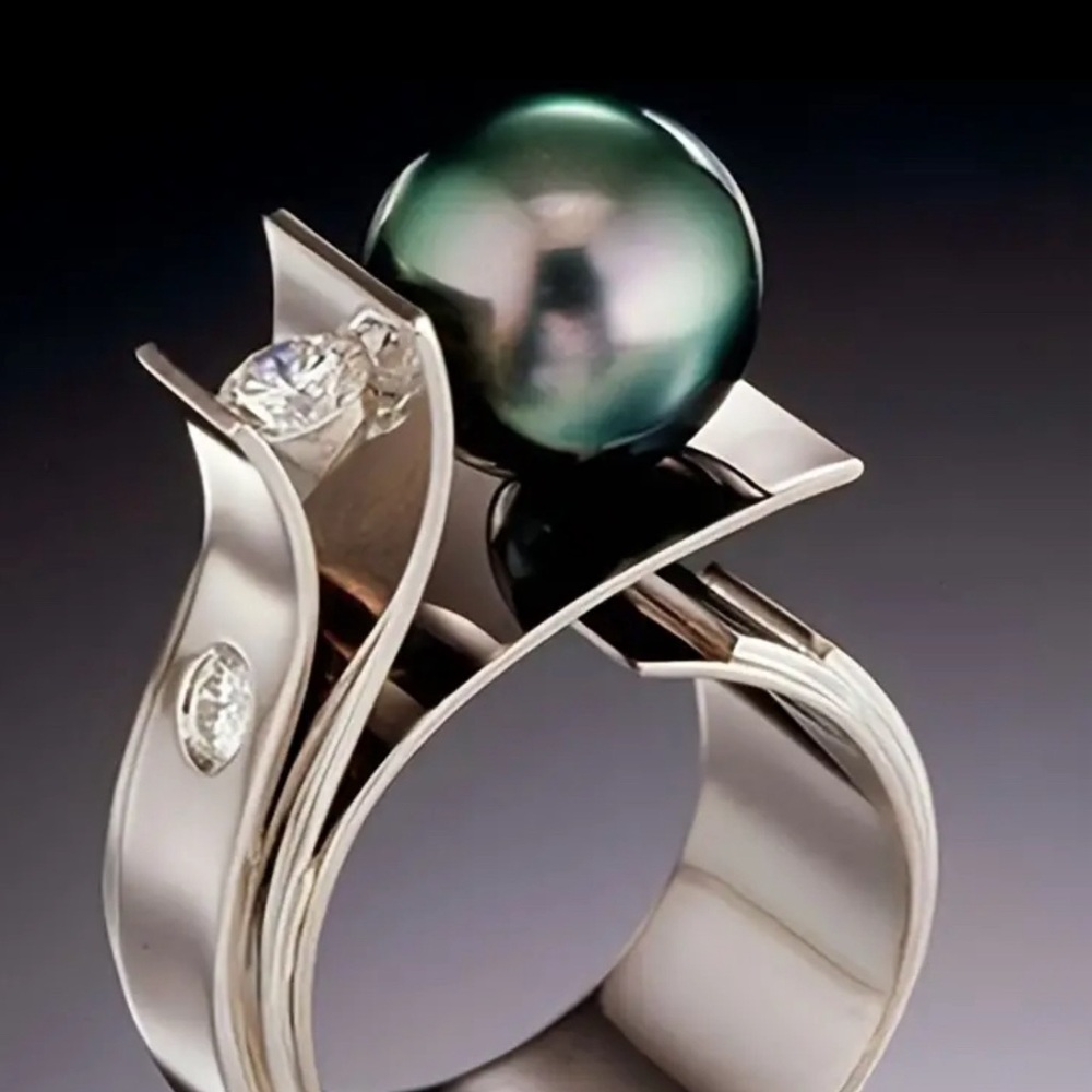 Statement ring with black pearl & zirconia stone size 7